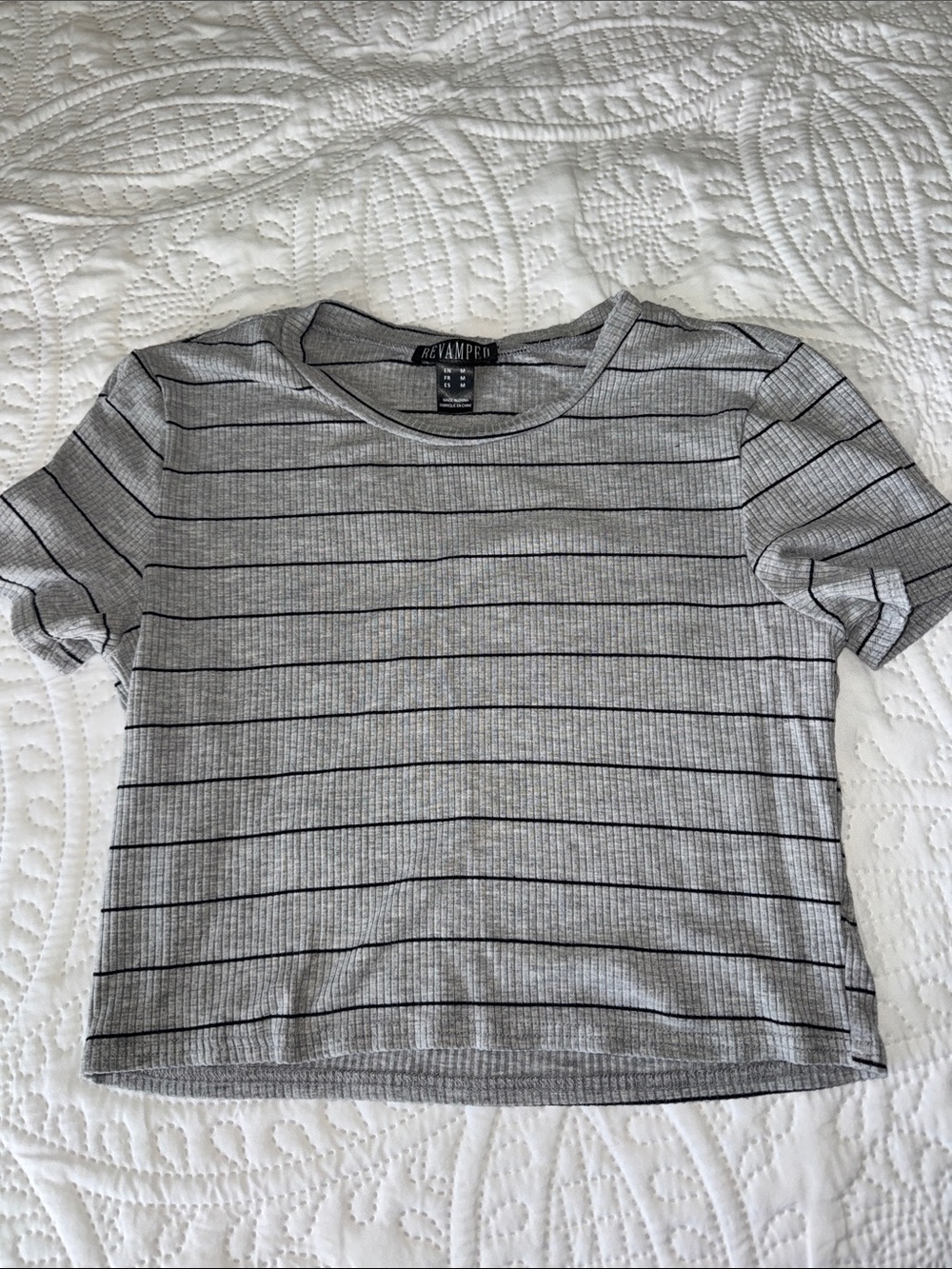 Revamped Gray and Black Striped Short Sleeve Tee